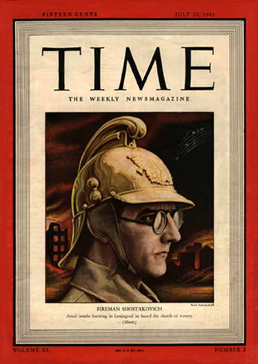 Портрет композитора Дмитрия Шостаковича в  каске пожарного на обложке журнала «Тайм», 1942